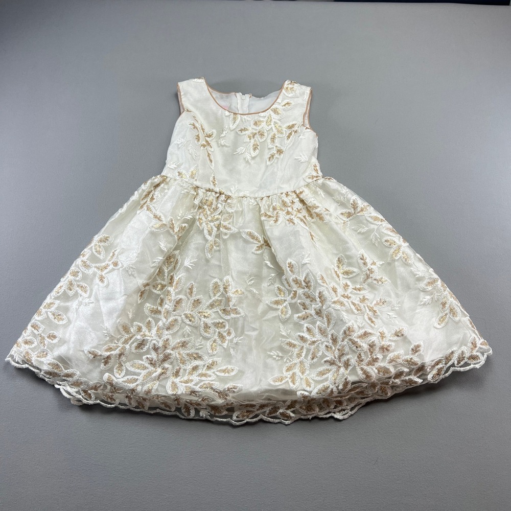 La Princess Party Dress Girls 6 White Shimmering Gold Floral Embroidery Back Zip